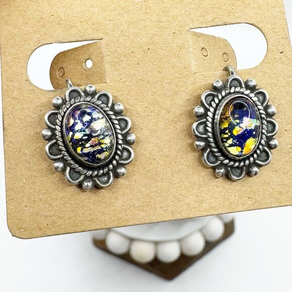 Vtg Sterling Silver Black Fire Opal Glass Cabochon Screw Back Earrings Victorian - Picture 1 of 10